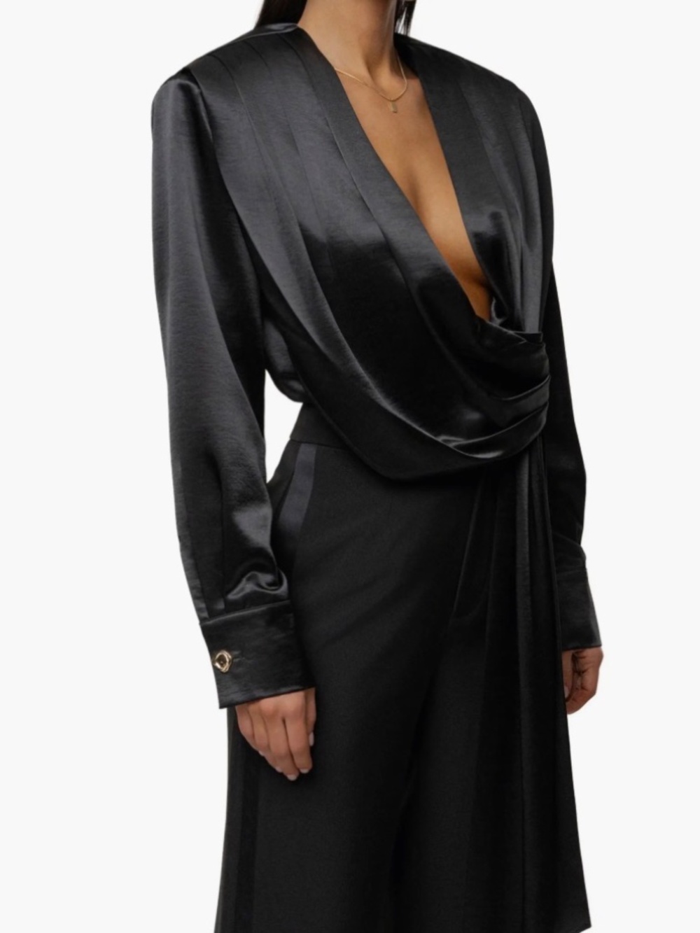 Jluxlabel- Black Statement Draped Satin Top - Picture 2 of 4